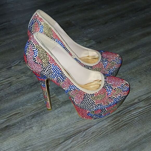 Viga Fiore multicolor rhinestone platform 6" heels  Sz 8.5 EUC - Picture 6 of 11